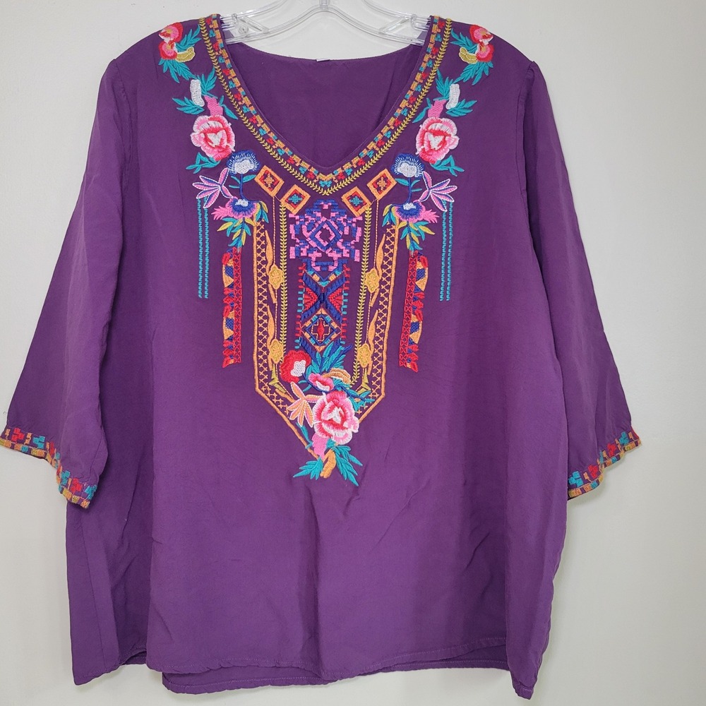 Embroidered 3/4 Sleeve‎ V-neck Blouse Purple Woman's Large Indie Boho